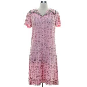 Vintage 70s Andora Hong Kong Pink Beaded Lace Sheath Dress Size 12